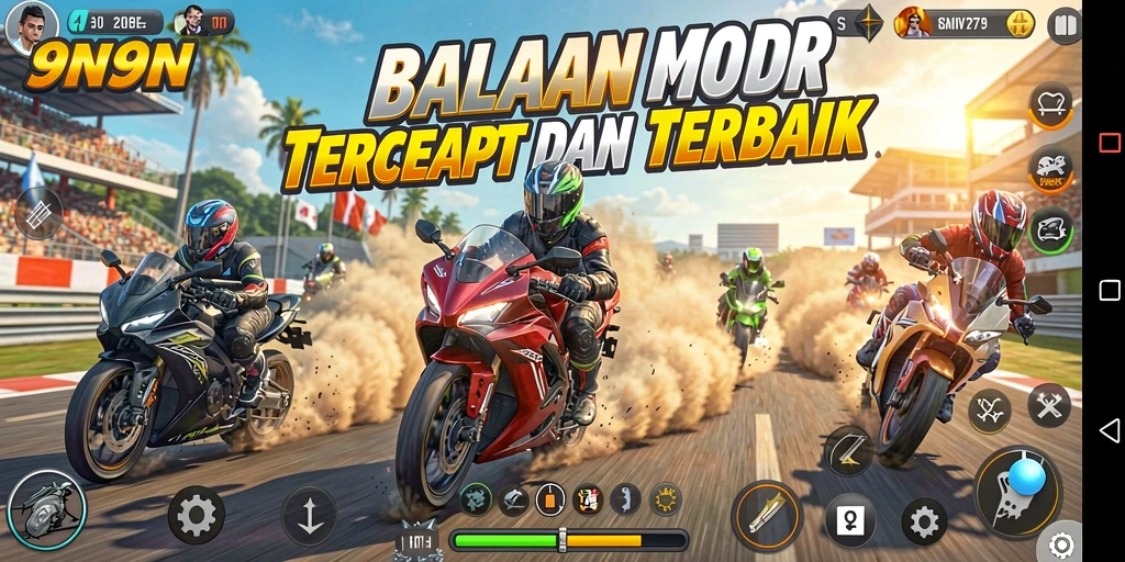 Gameplay seru dan mendebarkan dalam 9N9N saat balapan motor.
