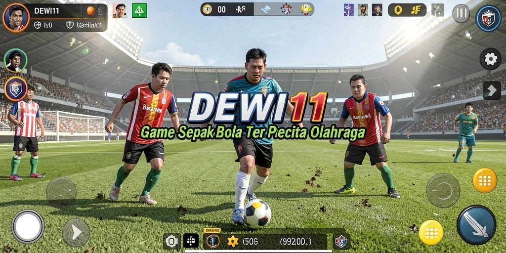 Screenshot DEWI11 menunjukkan aksi seru pemain di lapangan sepak bola.